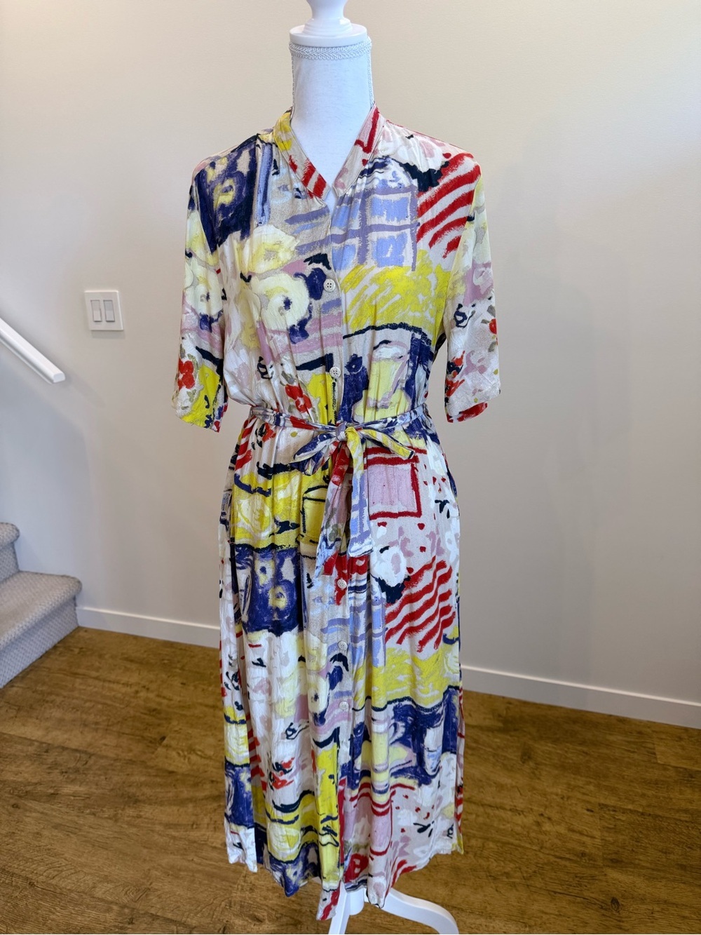 Jams World 90s Button Down Shirt Dress Abstract Artsy Grunge Dress Size Medium
